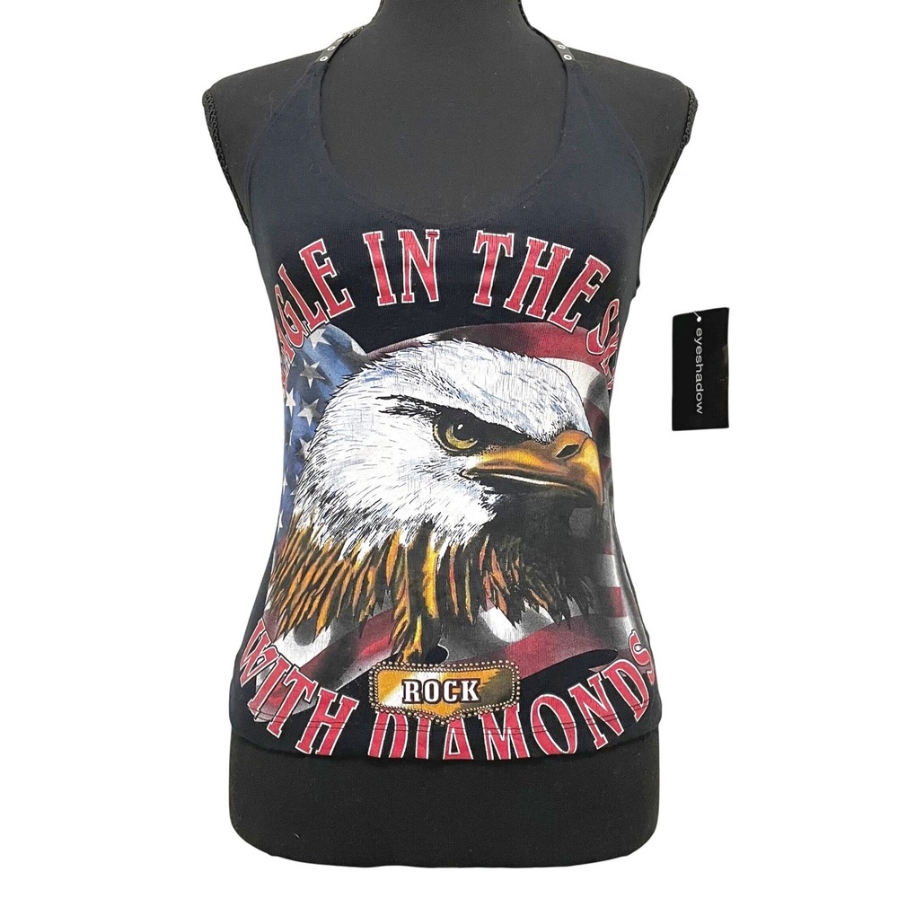 Vintage NWT Eyeshadow Halter Top Y2K Eagle USA Flag Patriotic Biker Rock XS S